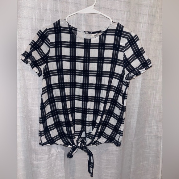 Madewell Navy & White Plaid Button-Back Tie-Front Top - Picture 2 of 5